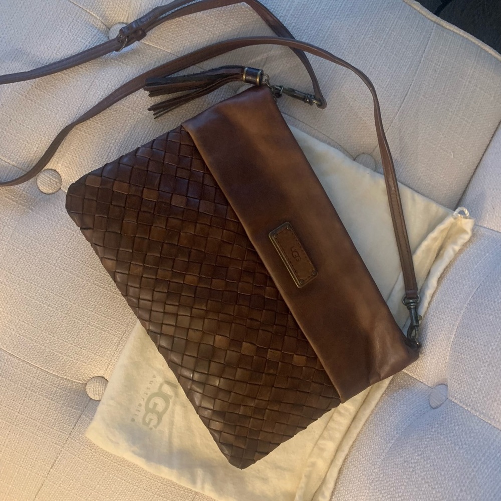 UGG AUSTRALIA BROWN  DISTRESSED LEATHER WOVEN CROSSBODY~AUTHENTIC ~